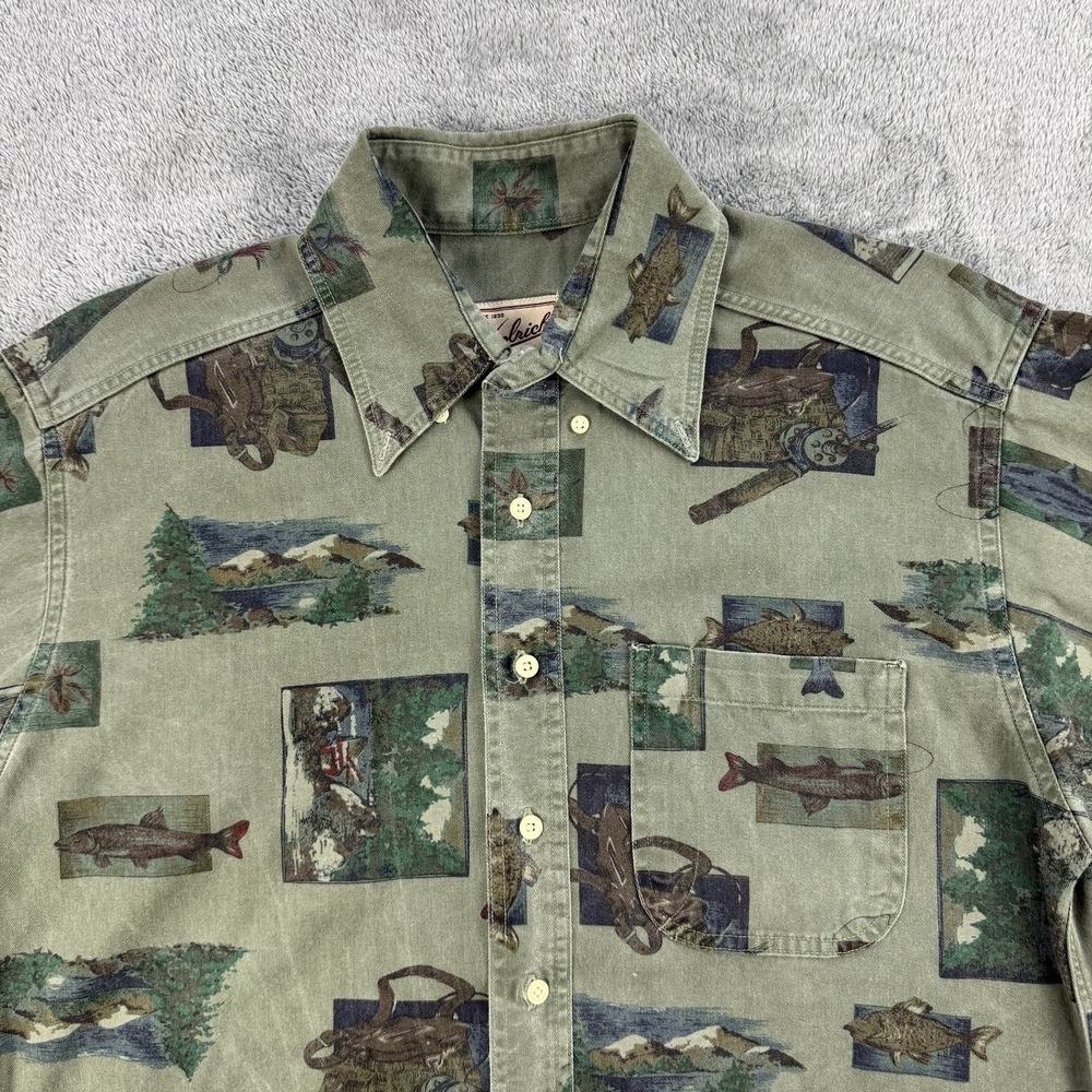 Vtg 90s Woolrich Button Down Fishing Shirt Men's Large Chambray Green Salmon